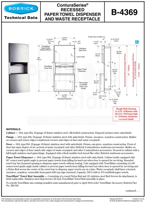 Bobrick Recessed Paper Towel & Waste Receptacle B-4369
